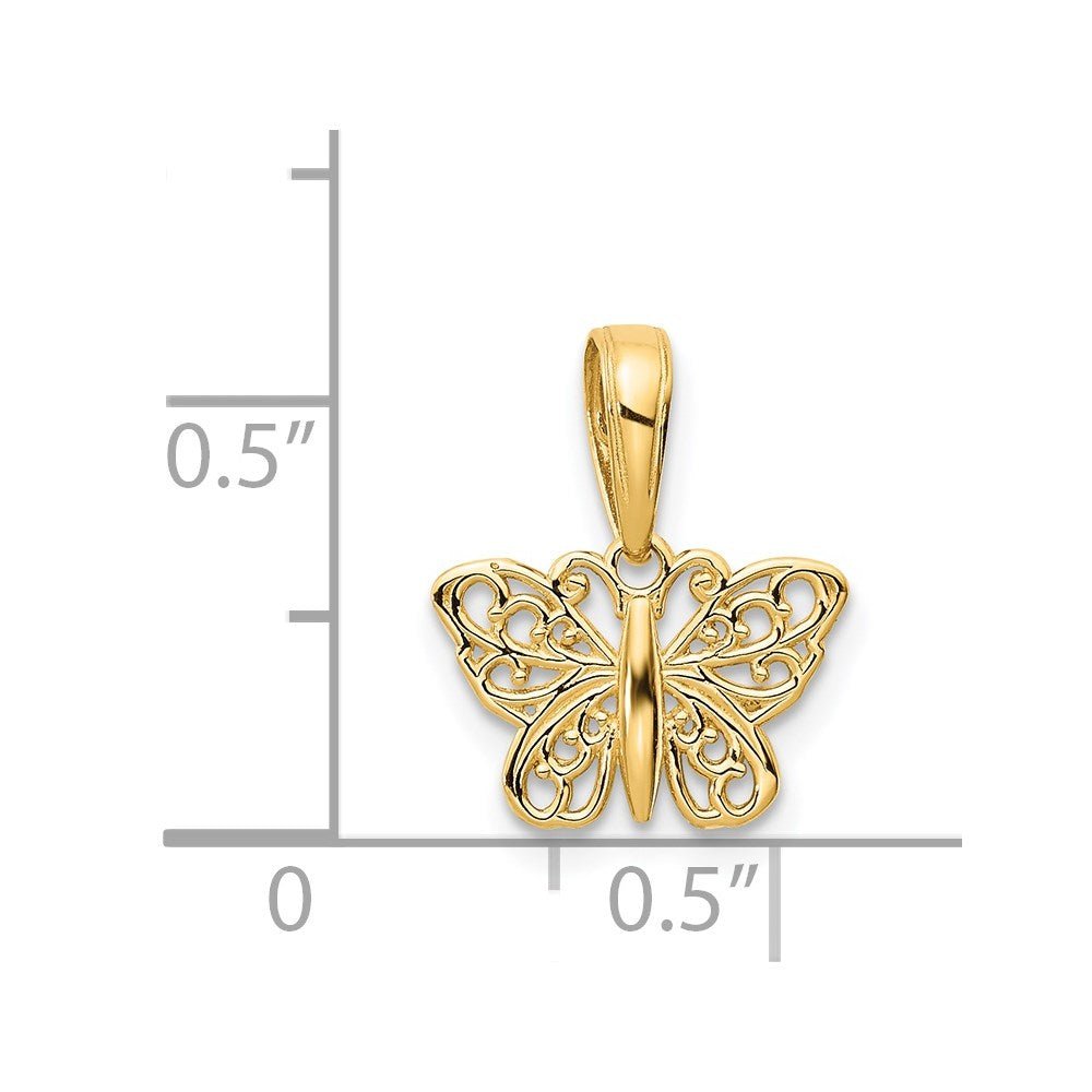 14k Yellow Gold High Polished Filigree Butterfly Pendant,8x12mm