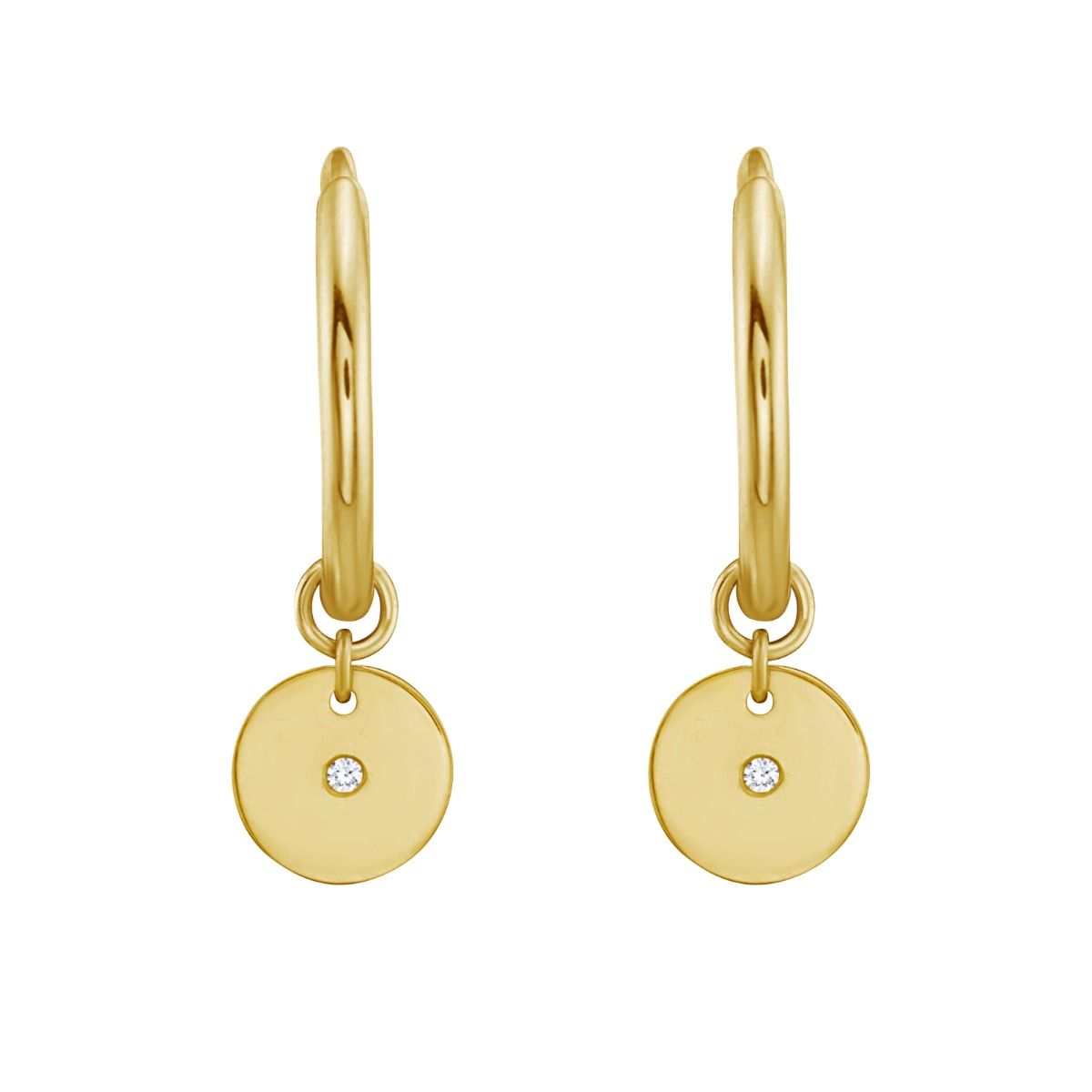 14k Yellow Gold Hoop Earrings with Round Diamond Disc Charm, Classic Style