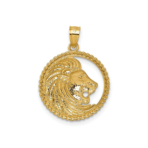 14k Yellow Gold Lion Head with Mane in Textured Circle Pendant, 25mm