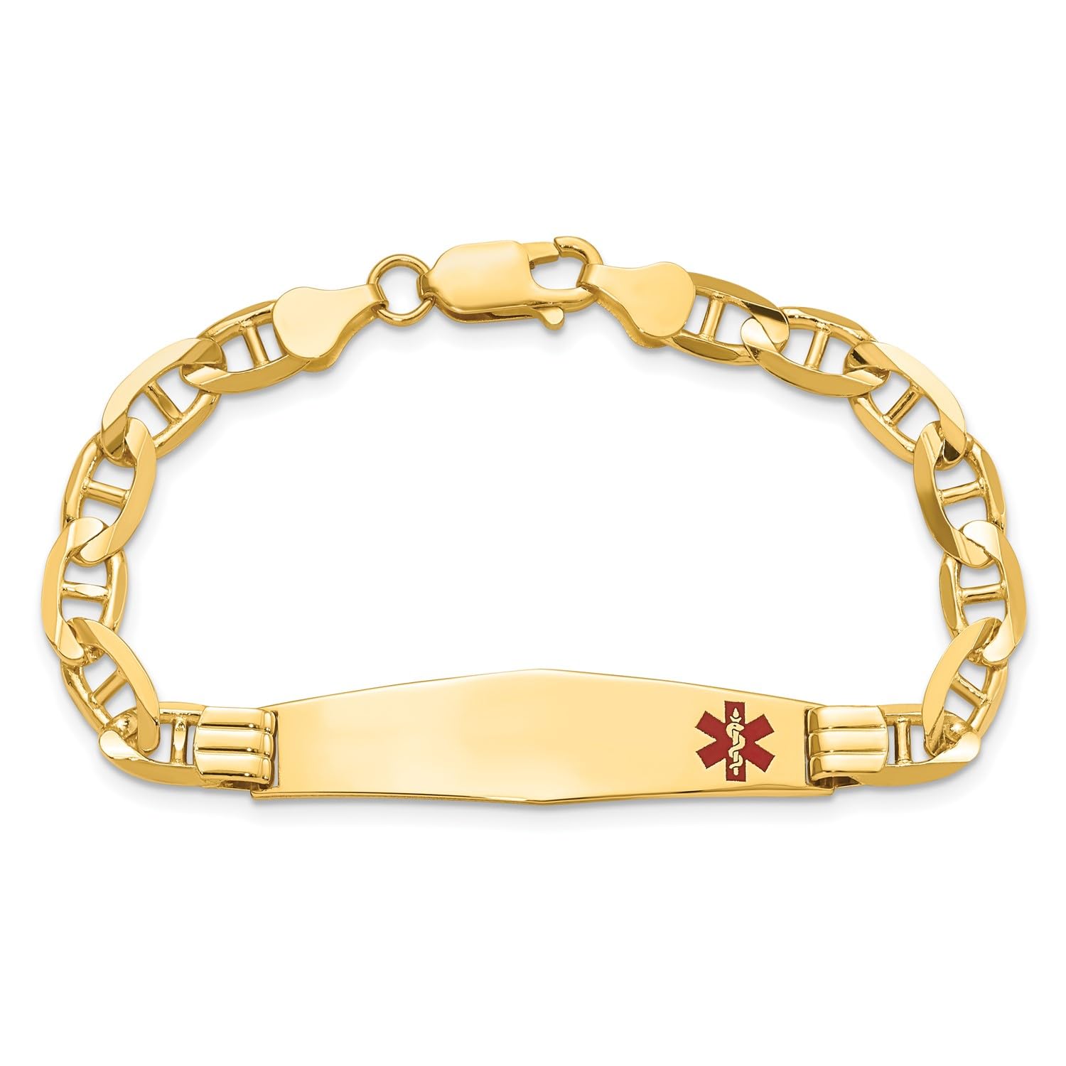 14K Yellow Gold Medical Alert Red Enamel Mariner Link ID Bracelet, 8 inches