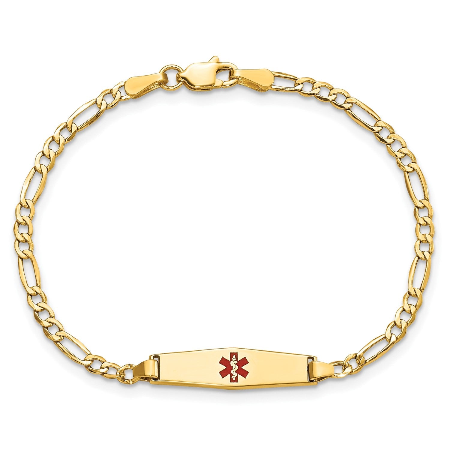 14k Yellow Gold Medical Red Enamel Cross Figaro Alert ID Bracelet