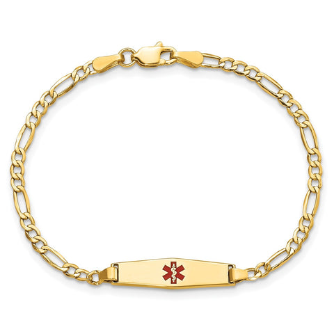 14k Yellow Gold Medical Red Enamel Cross Figaro Alert ID Bracelet