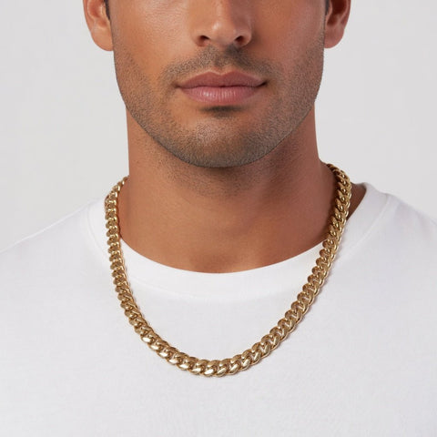 14k Yellow Gold Miami Cuban Link Chain Necklace, Width 11mm