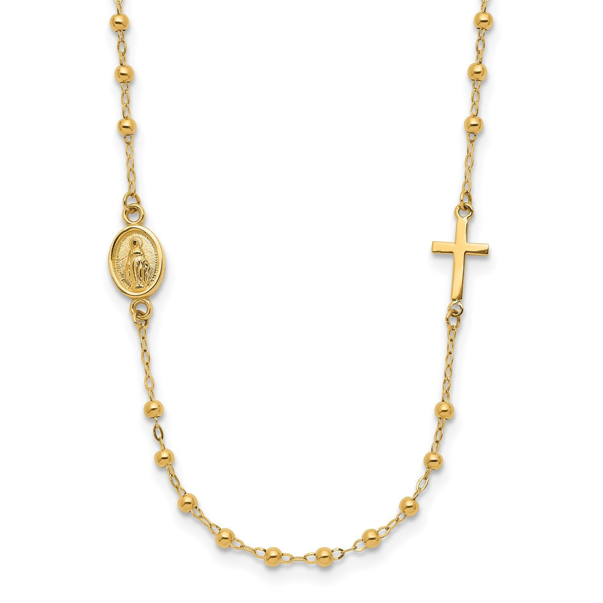 14K Yellow Gold Miraculous Medal and Cross Rosary Necklace, 16.5 Inches - JewelryAffairs
