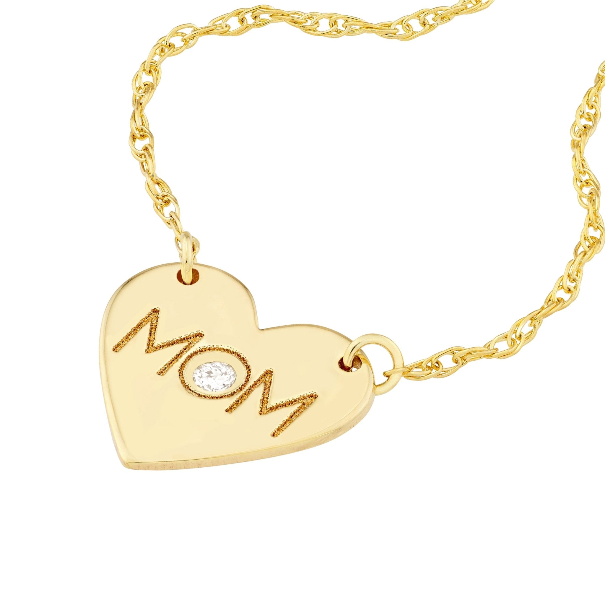 14k Yellow Gold MOM Heart with Diamond Necklace 18 Inches - JewelryAffairs