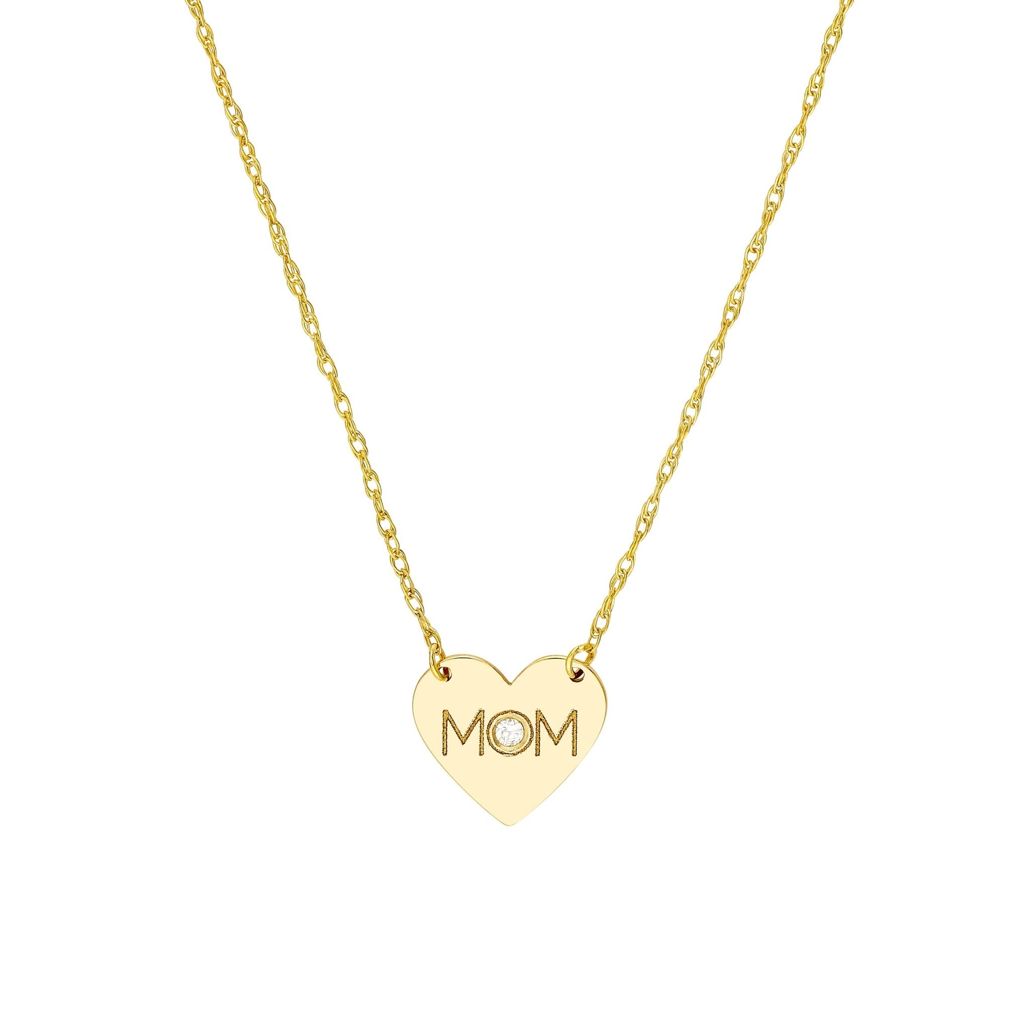 14k Yellow Gold MOM Heart with Diamond Necklace 18 Inches - JewelryAffairs