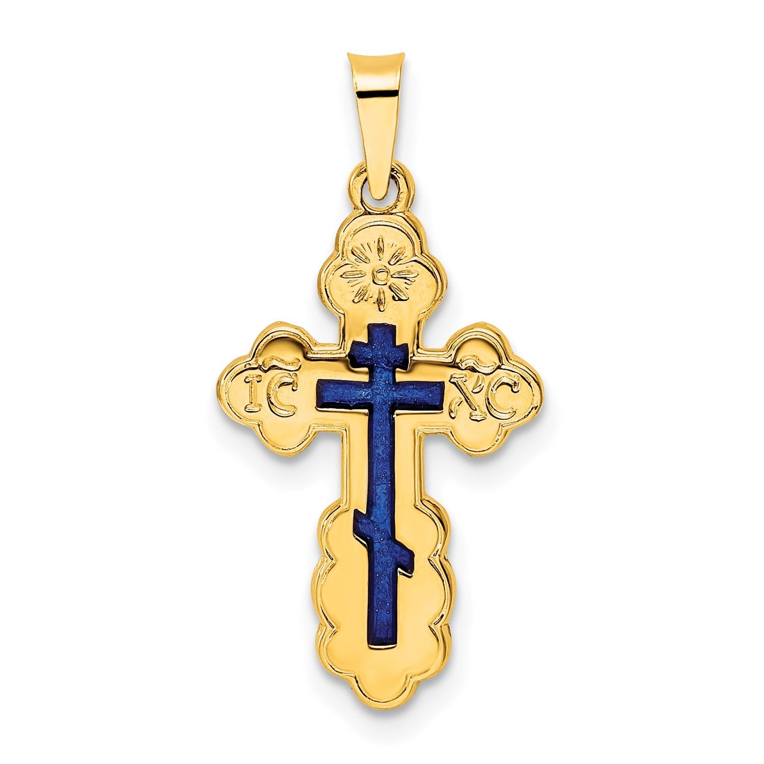 14K Yellow Gold Polished Eastern Orthodox Blue Enamel Solid Cross Pendant