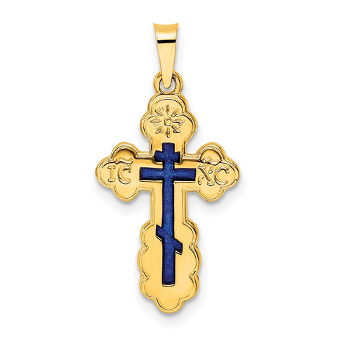 14K Yellow Gold Polished Eastern Orthodox Blue Enamel Solid Cross Pendant