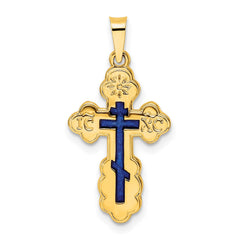 14K Yellow Gold Polished Eastern Orthodox Blue Enamel Solid Cross Pendant