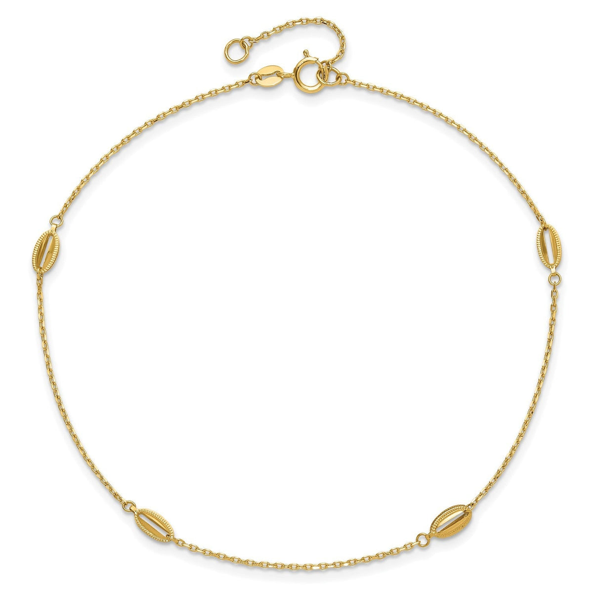 14K Yellow Gold Polished Oval Charm Anklet, 9 inch + 1 inch Extension - JewelryAffairs