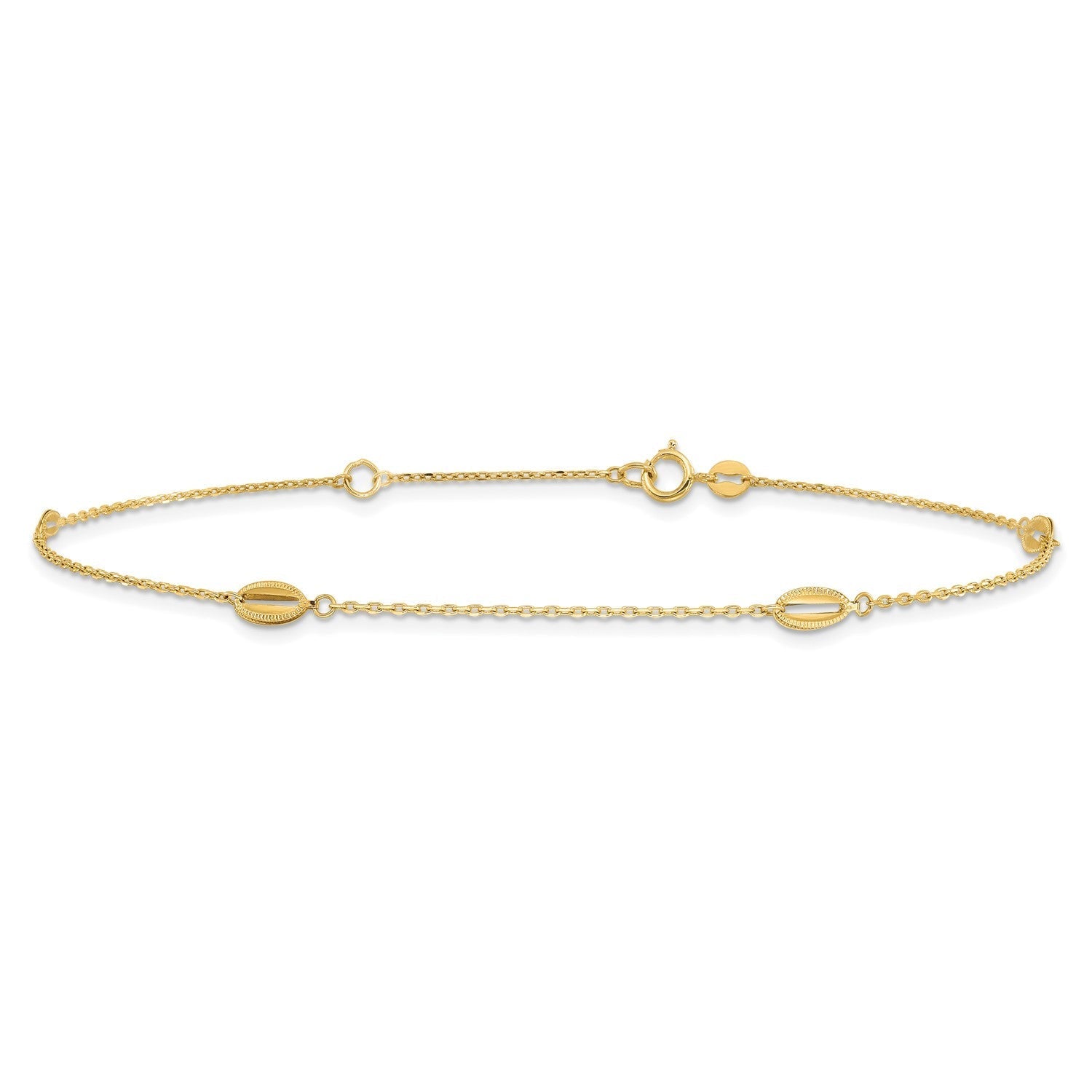 14K Yellow Gold Polished Oval Charm Anklet, 9 inch + 1 inch Extension - JewelryAffairs