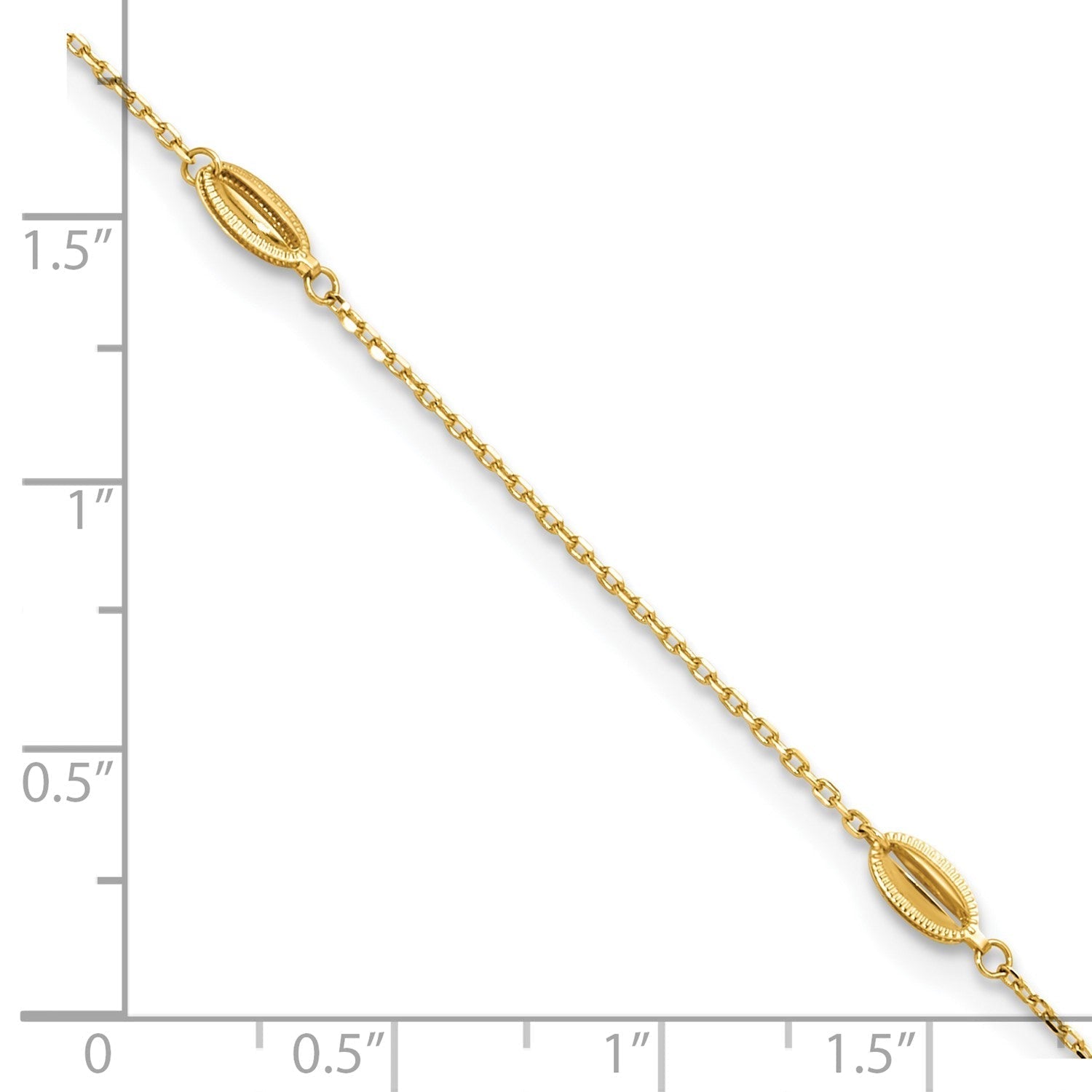 14K Yellow Gold Polished Oval Charm Anklet, 9 inch + 1 inch Extension - JewelryAffairs