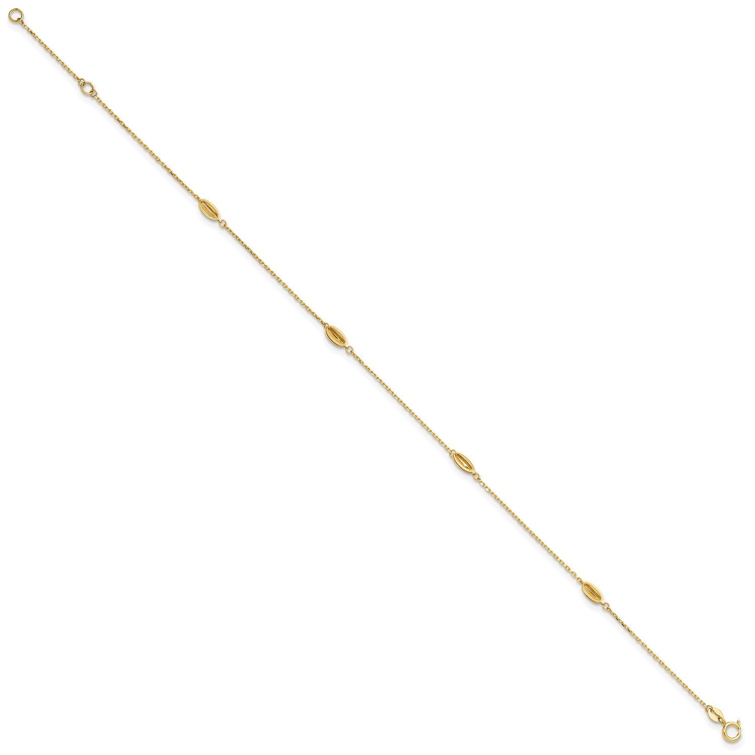 14K Yellow Gold Polished Oval Charm Anklet, 9 inch + 1 inch Extension - JewelryAffairs