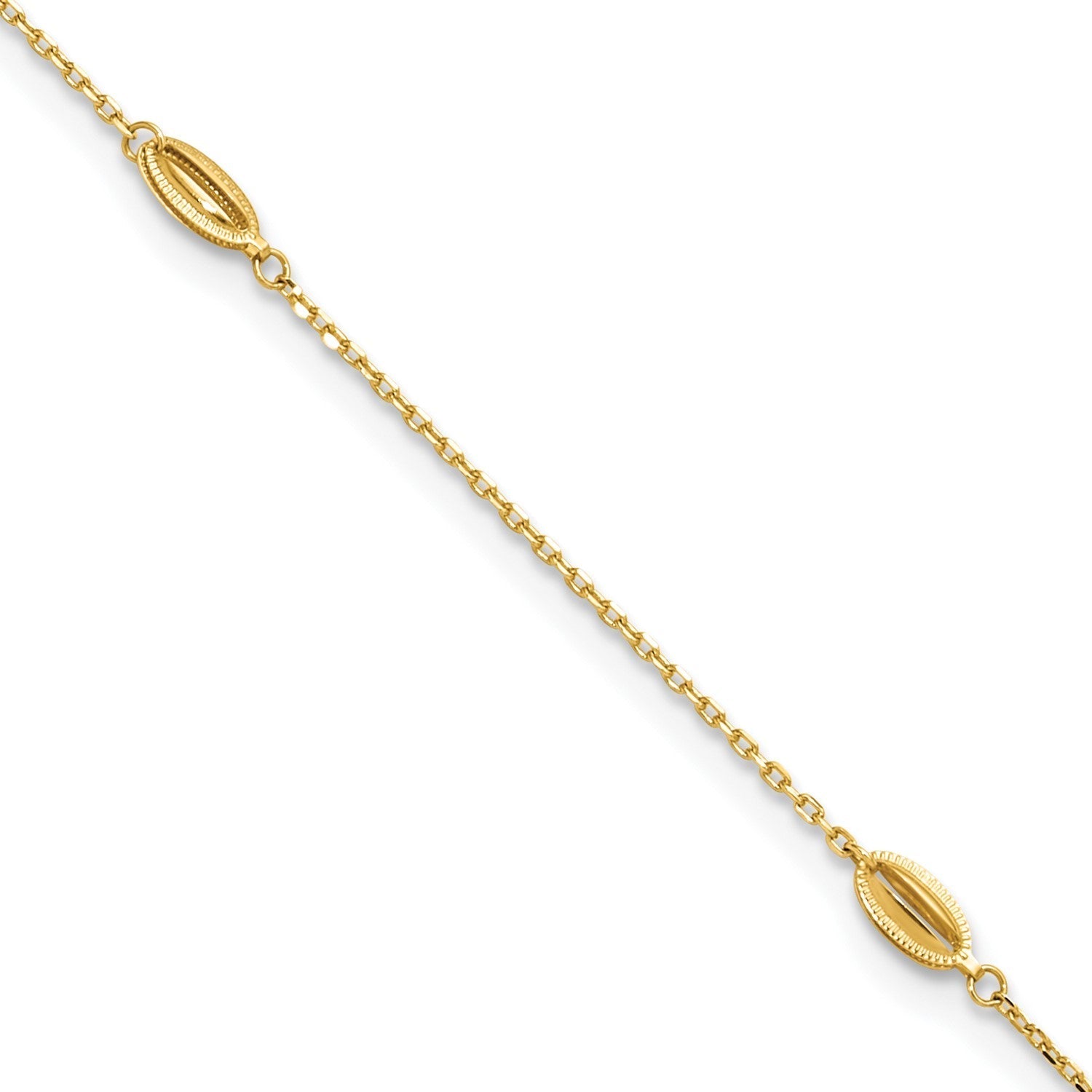 14K Yellow Gold Polished Oval Charm Anklet, 9 inch + 1 inch Extension - JewelryAffairs