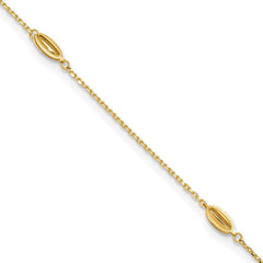14K Yellow Gold Polished Oval Charm Anklet, 9 inch + 1 inch Extension - JewelryAffairs