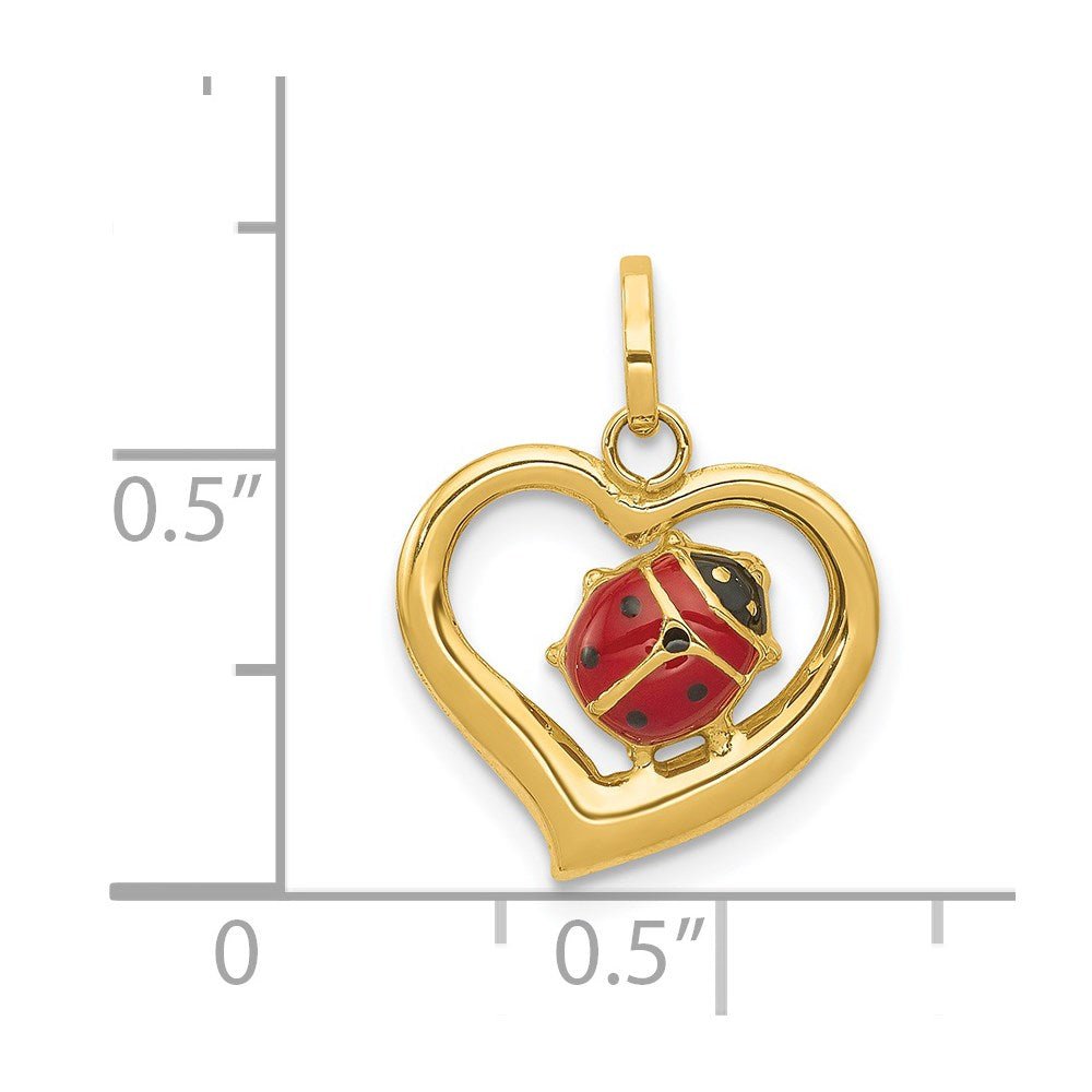 14k Yellow Gold Red and Black Enameled Ladybug in Heart Charm Pendant, 18mm - JewelryAffairs
