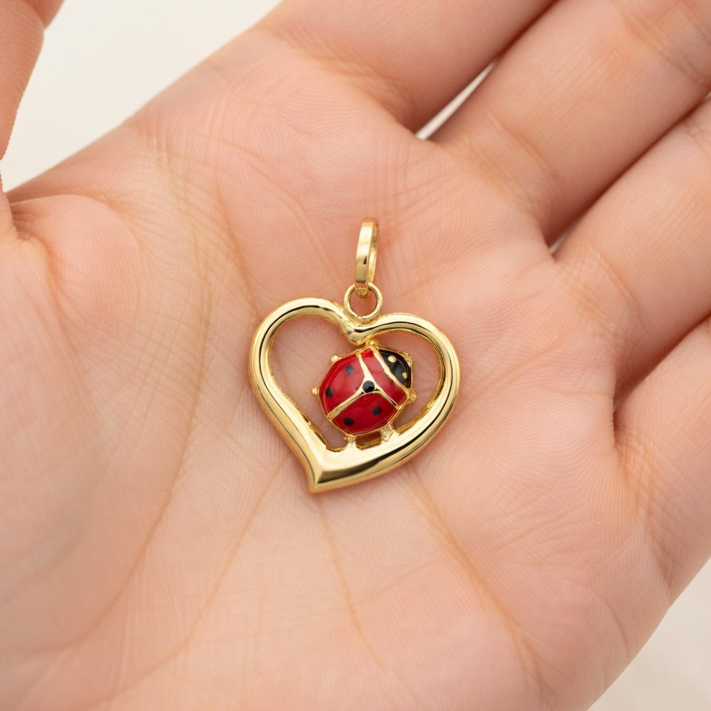 14k Yellow Gold Red and Black Enameled Ladybug in Heart Charm Pendant, 18mm - JewelryAffairs