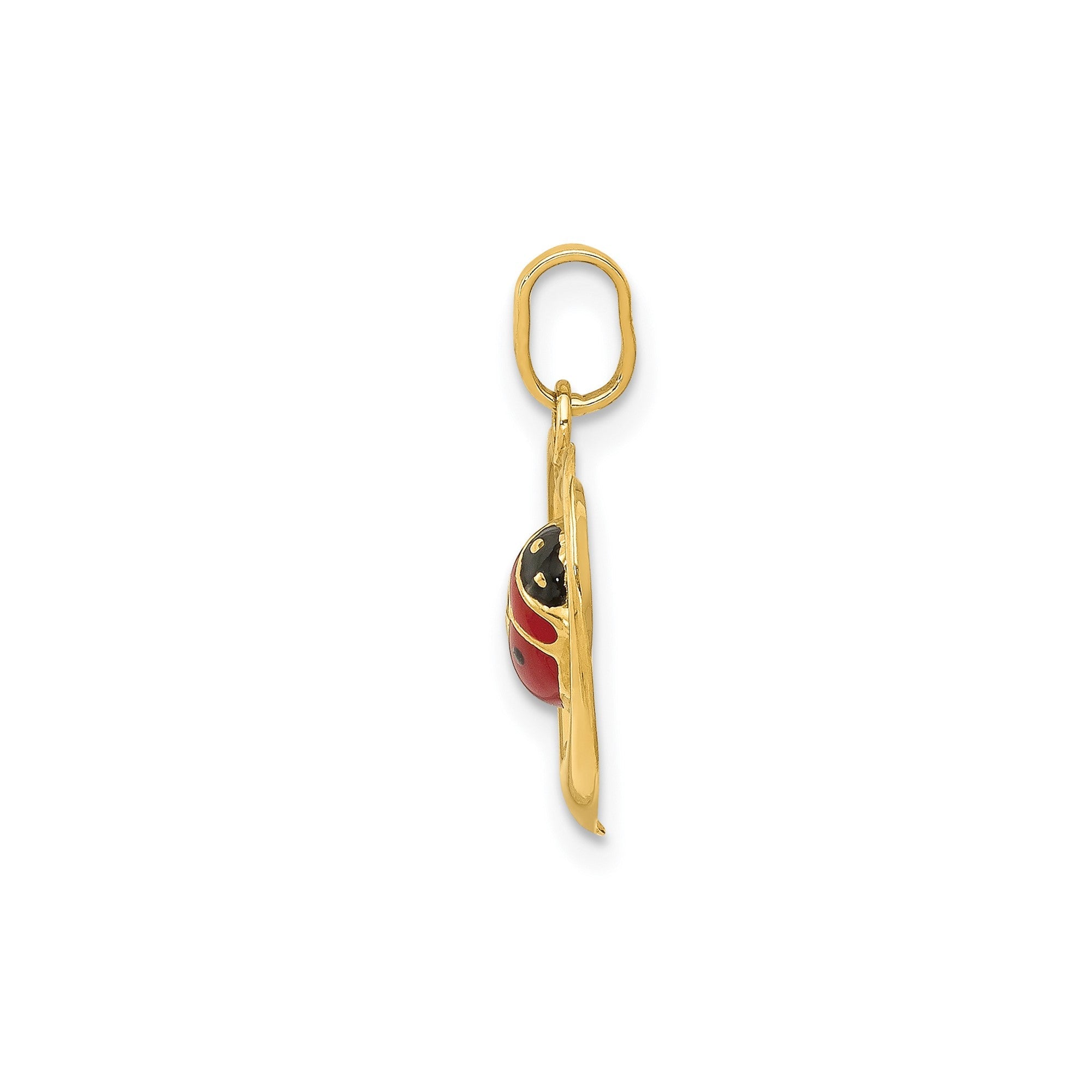 14k Yellow Gold Red and Black Enameled Ladybug in Heart Charm Pendant, 18mm - JewelryAffairs