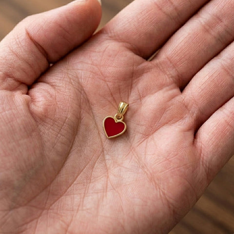 14K Yellow Gold Red Enamel Heart Pendant, 13x9mm