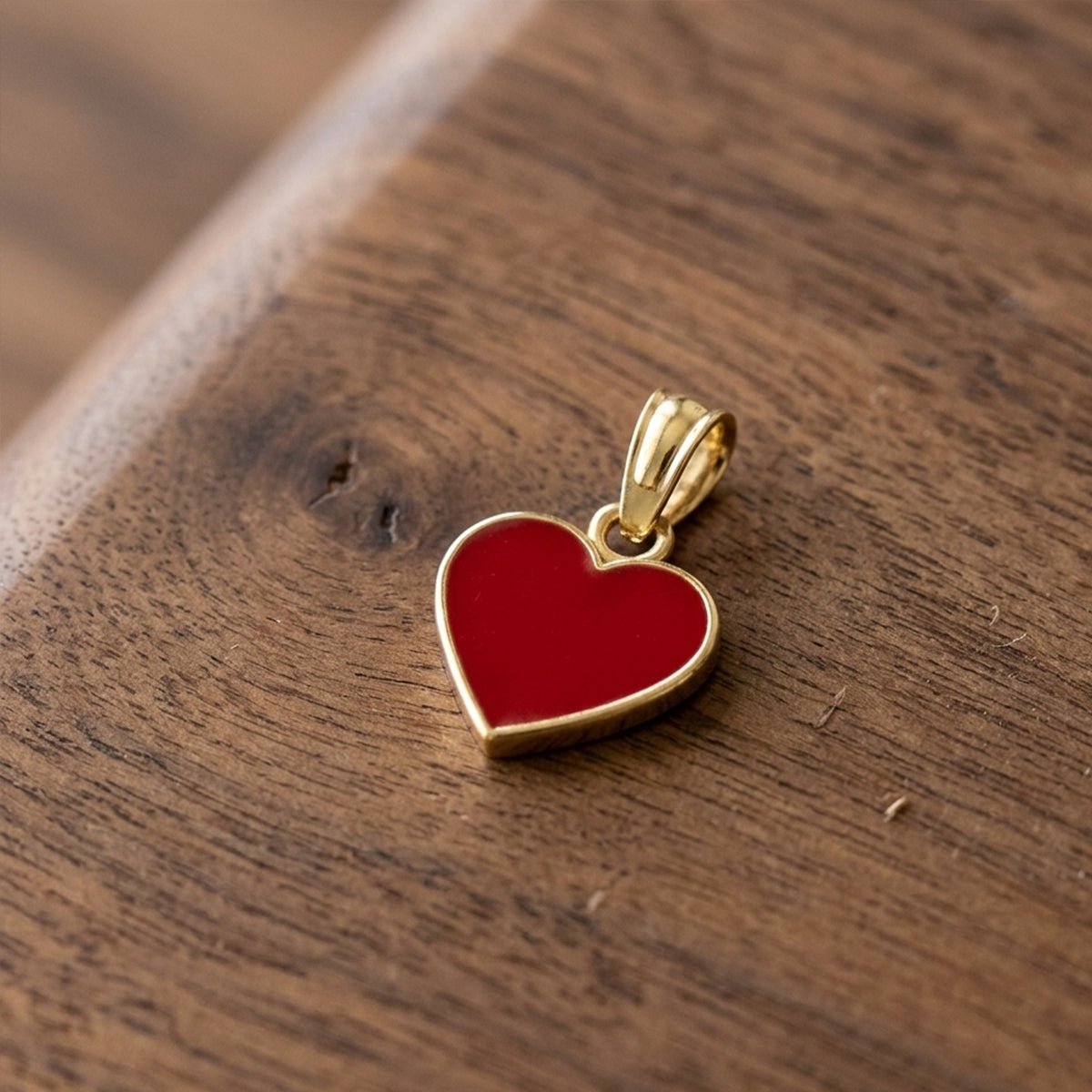 14K Yellow Gold Red Enamel Heart Pendant, 13x9mm