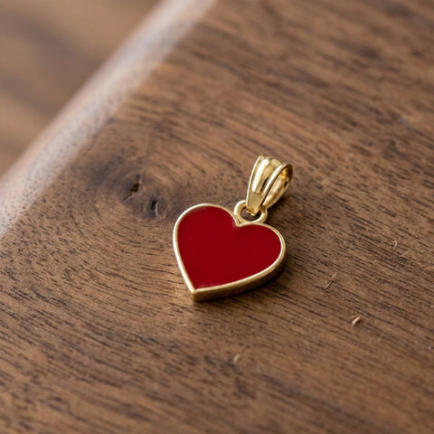 14K Yellow Gold Red Enamel Heart Pendant, 13x9mm