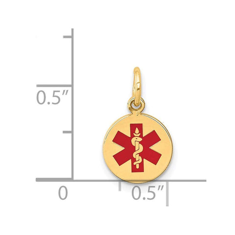 14k Yellow Gold Red Enamel Medical Alert Disc Pendant, 15mm