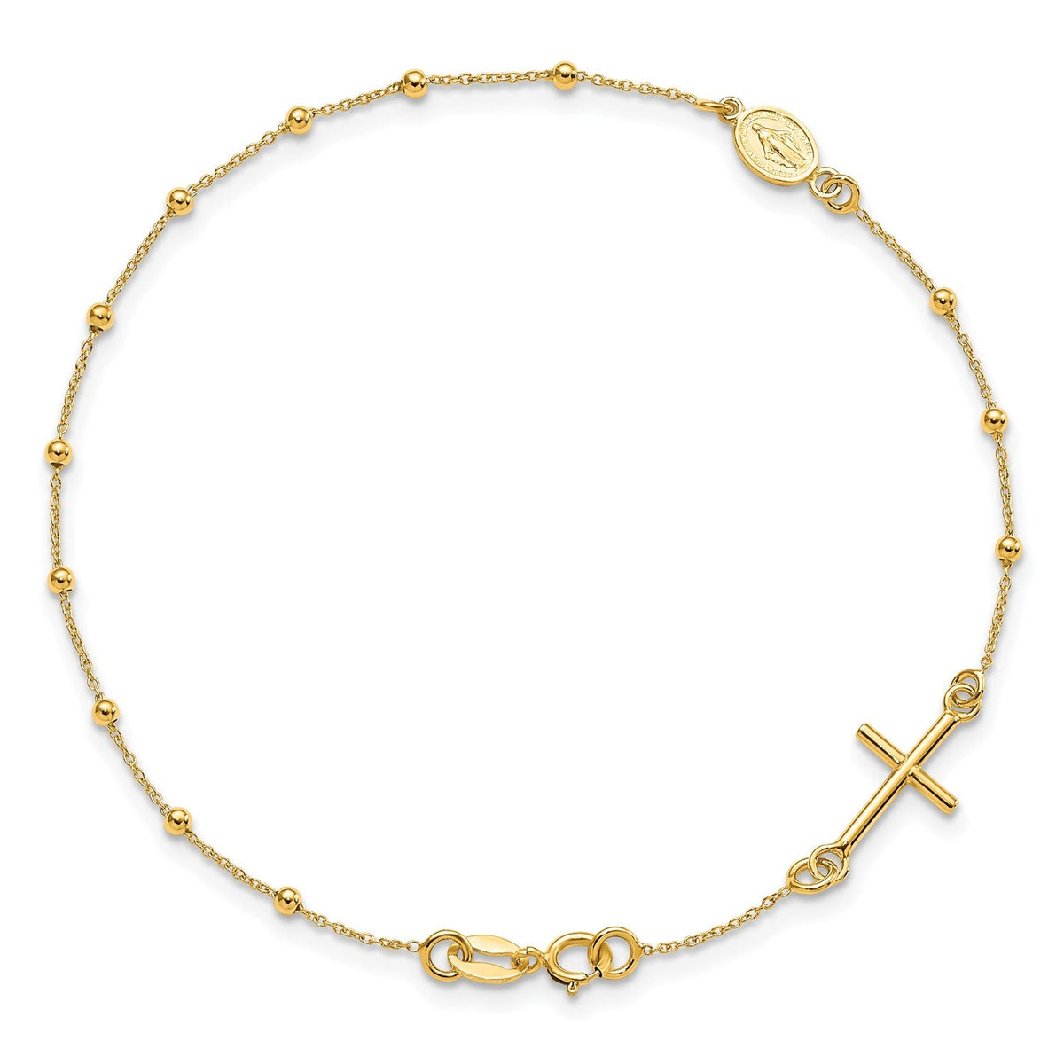 14K Yellow Gold Religious Cross and Rosary Beaded Bracelet, 7.5 inches