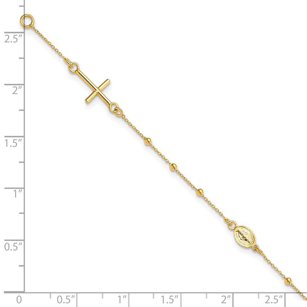 14K Yellow Gold Religious Cross and Rosary Beaded Bracelet, 7.5 inches