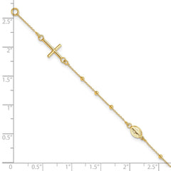 14K Yellow Gold Religious Cross and Rosary Beaded Bracelet, 7.5 inches