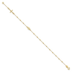 14K Yellow Gold Religious Cross and Rosary Beaded Bracelet, 7.5 inches