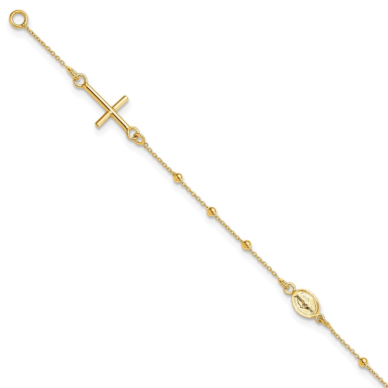 14K Yellow Gold Religious Cross and Rosary Beaded Bracelet, 7.5 inches