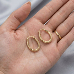 10k Yellow Gold Ridged Oval Shaped Hoop Earrings, Diameter 30mm