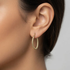 10k Yellow Gold Ridged Oval Shaped Hoop Earrings, Diameter 30mm