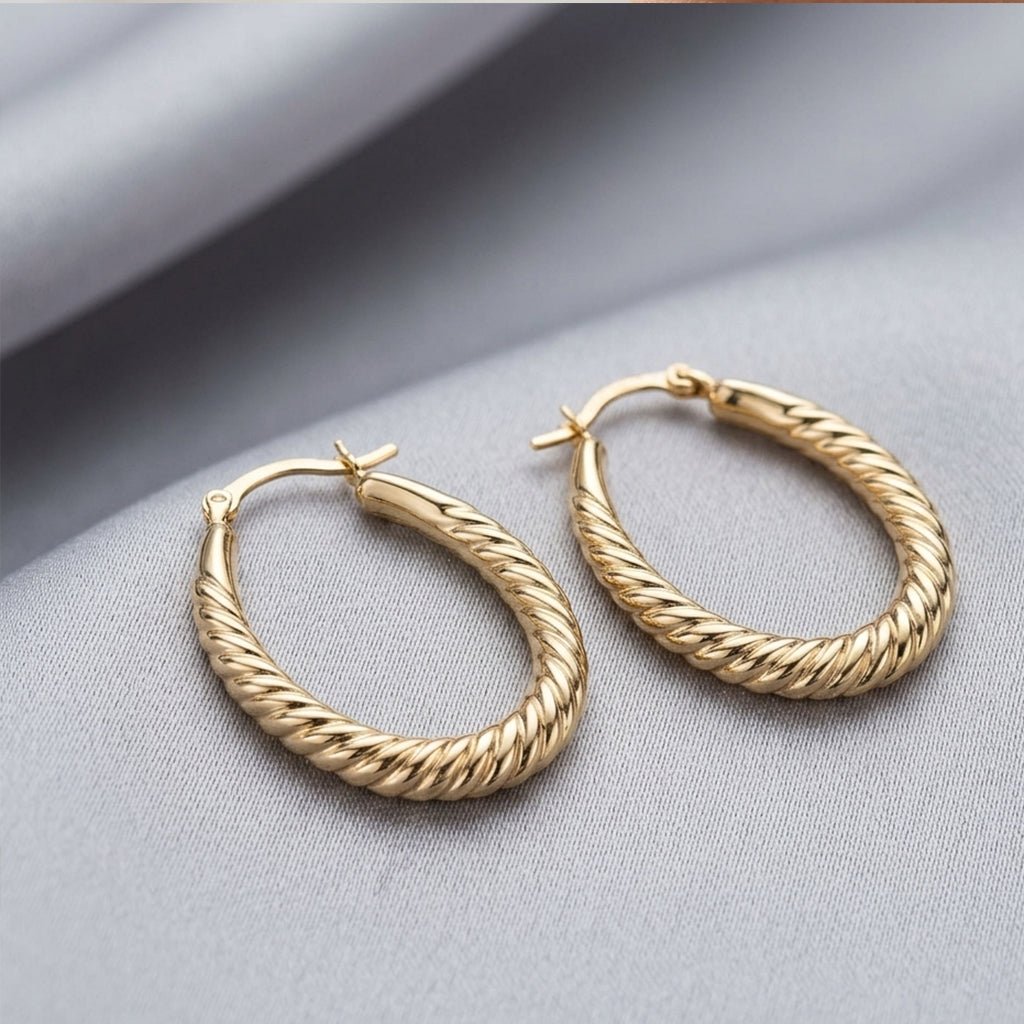 14K Yellow Gold Shiny Textured Oval Shape Hoop Earrings, Length 30mm