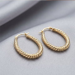 10k Yellow Gold Ridged Oval Shaped Hoop Earrings, Diameter 30mm