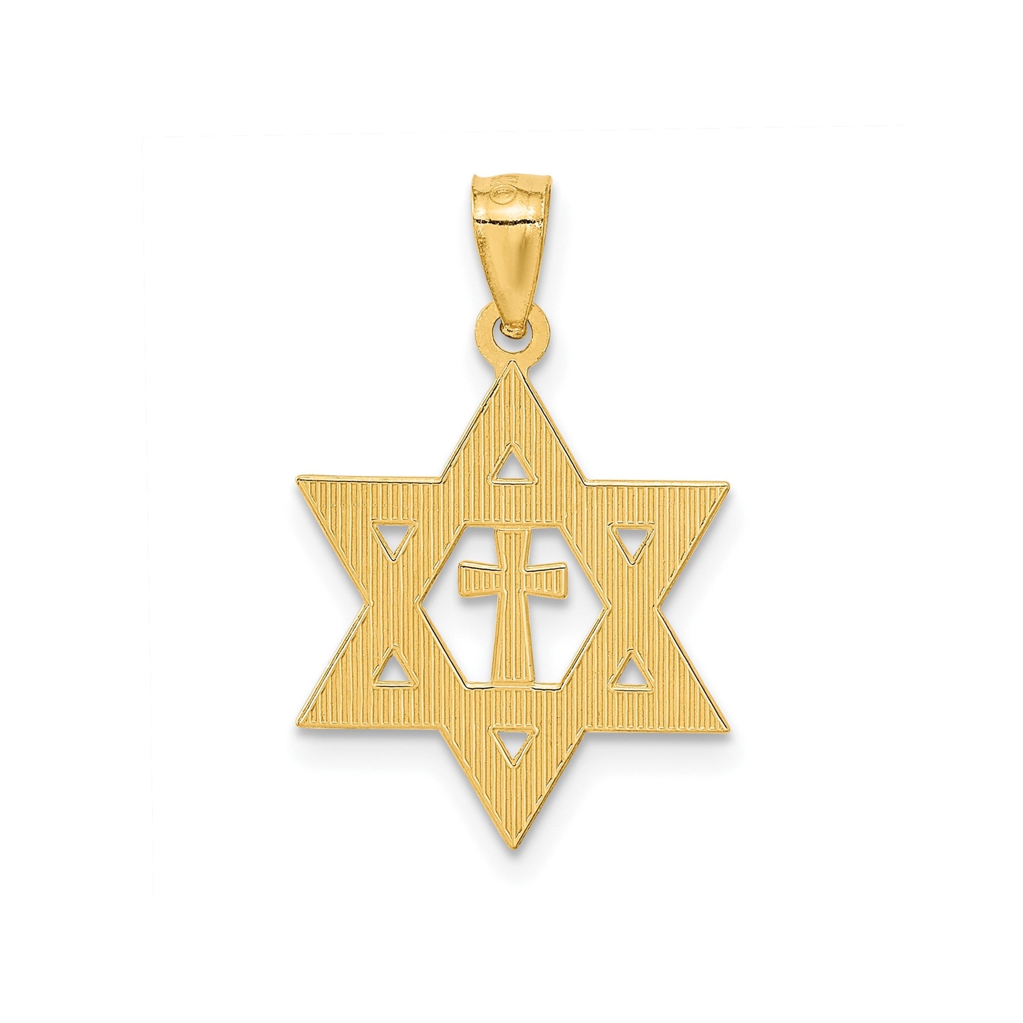 14K Yellow Gold Star of David with Cross Pendant, Diamond-Cut Design, 26mm x 16mm