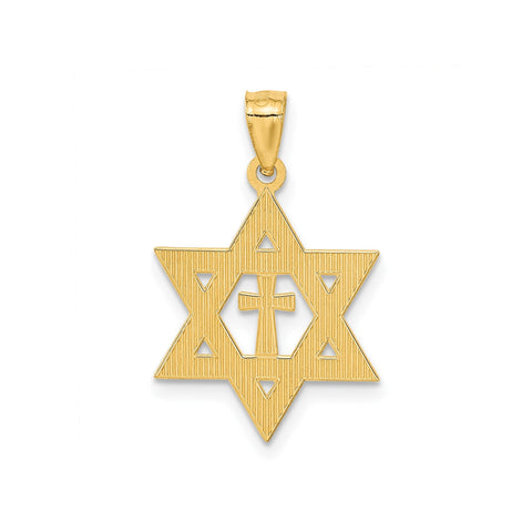 14K Yellow Gold Star of David with Cross Pendant, Diamond-Cut Design, 26mm x 16mm