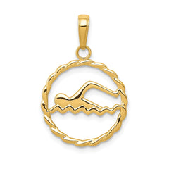14k Yellow Gold Swimming Pendant, 16mm Diameter