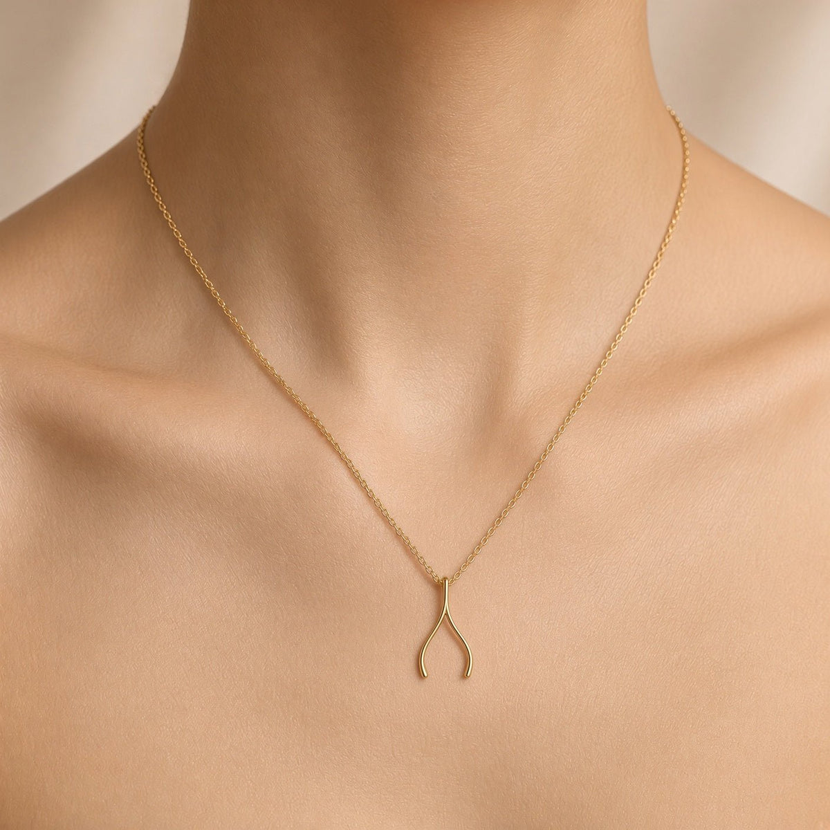 14k Yellow Gold Wishbone Charm Chain Necklace, 17" - JewelryAffairs