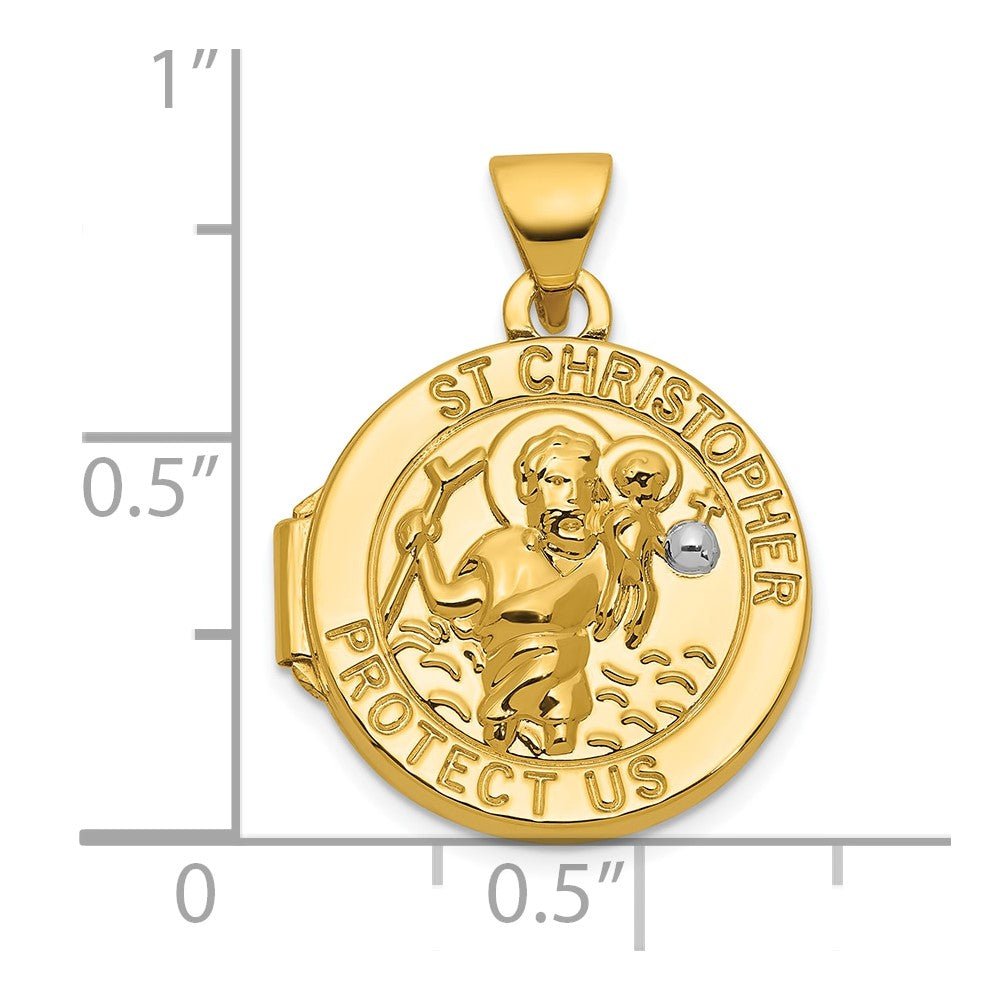 14k Yellow Gold With White Rhodium Polished Saint Christopher 16mm Round Locket - JewelryAffairs