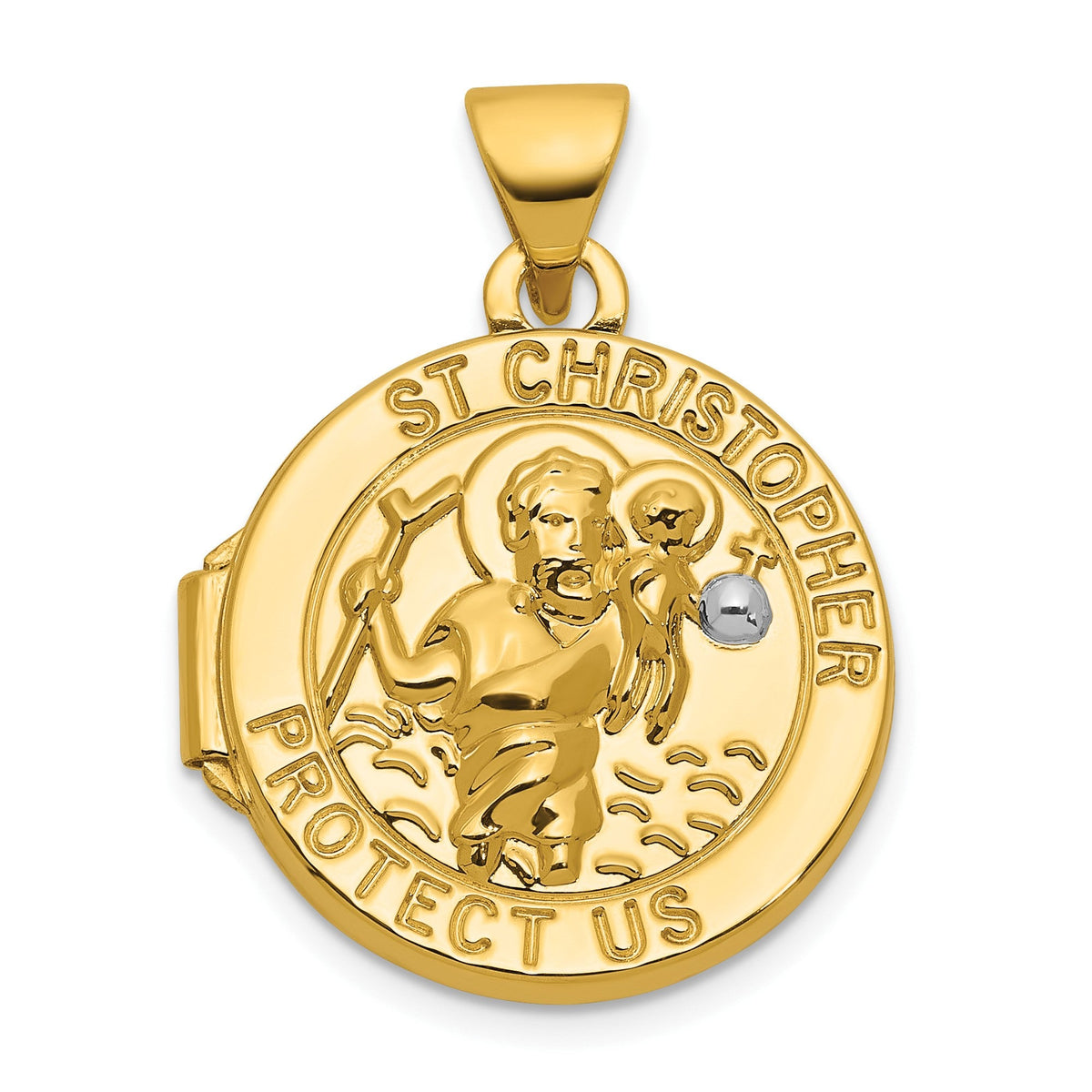 14k Yellow Gold With White Rhodium Polished Saint Christopher 16mm Round Locket - JewelryAffairs
