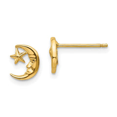 14k Yellow Real Gold Moon and Star Post Stud Earrings