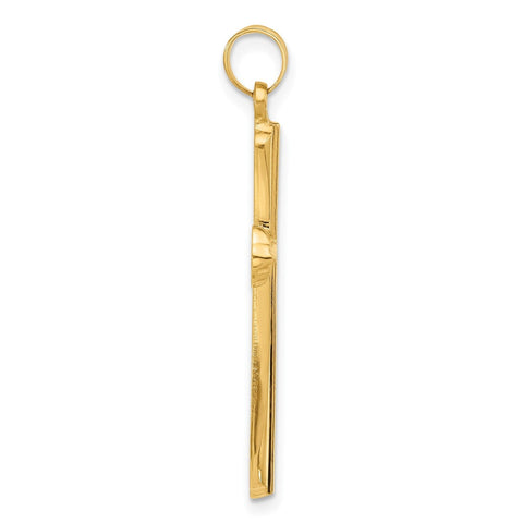 14k Yellow Real Gold Polished and Grooved Hollow Cross Pendant, 35x20mm
