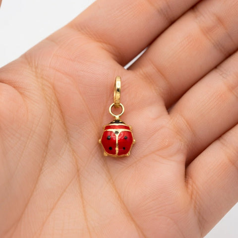 14k Yellow Real Gold Red and Black Enameled Ladybug Charm, 7mm