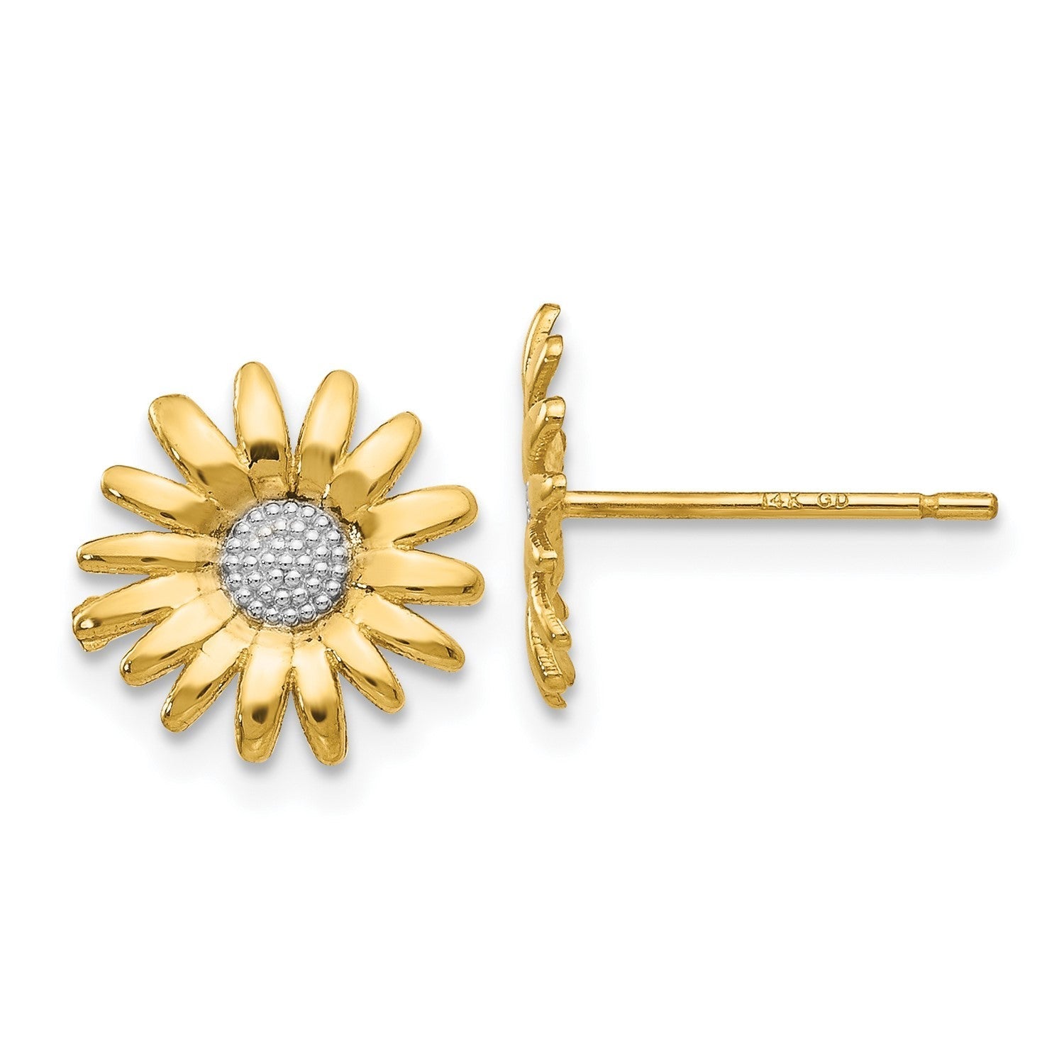 14K Yellow Real Solid Gold Daisy Flower Stud Earrings, 10mm Diameter - JewelryAffairs