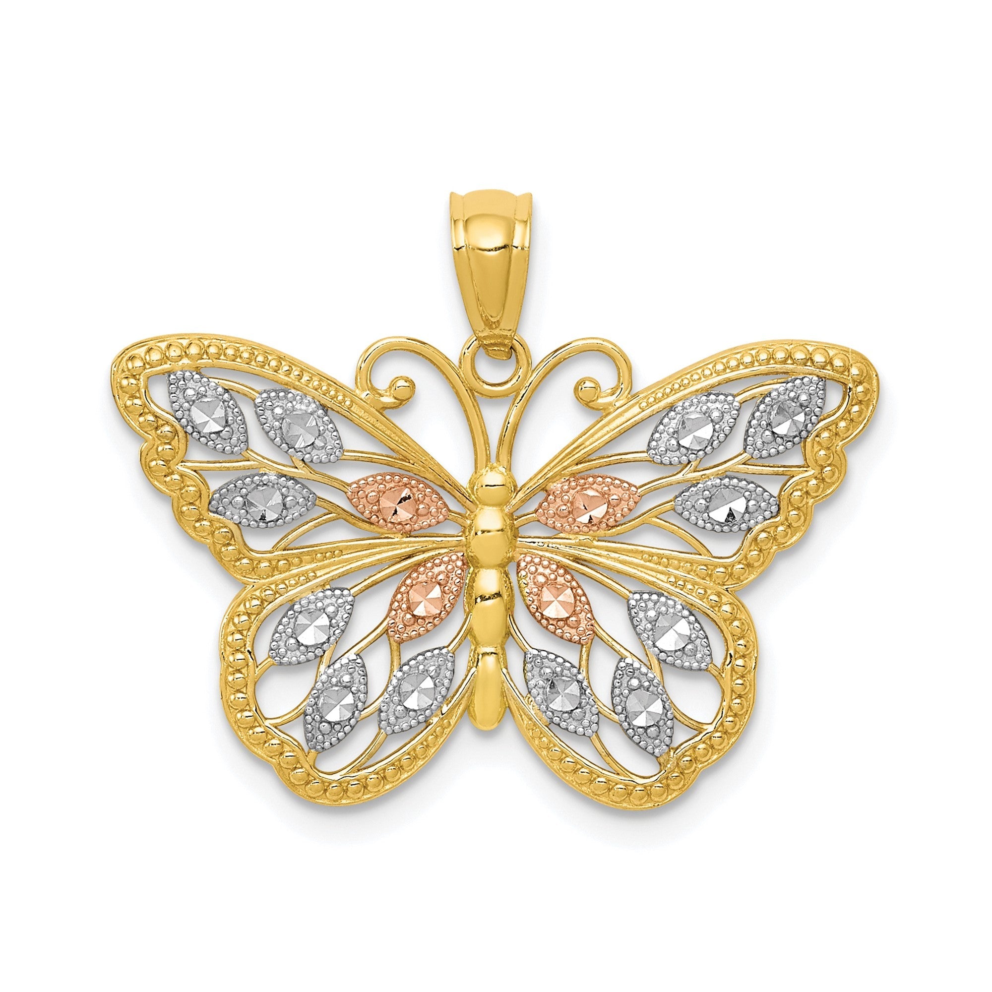 14k Yellow White and Rose Gold Diamond Cut Butterfly Pendant, 16x26mm