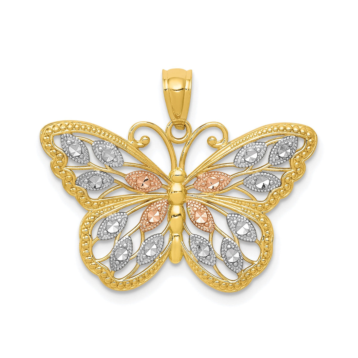 14k Yellow White and Rose Gold Diamond Cut Butterfly Pendant, 16x26mm