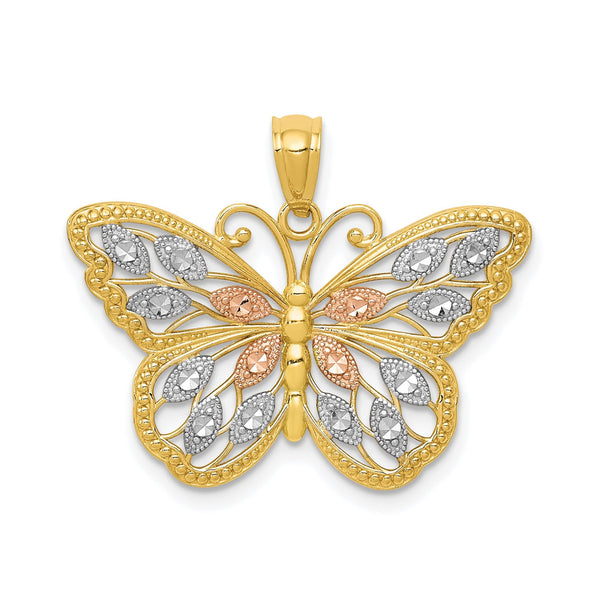14k Yellow White and Rose Gold Diamond Cut Butterfly Pendant, 16x26mm