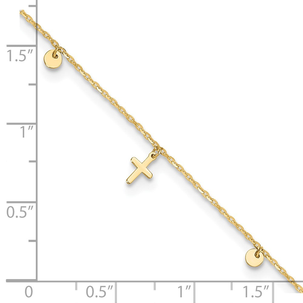 14K Yellow Gold Cross Charm Adjustable Anklet, 9-10 Inch