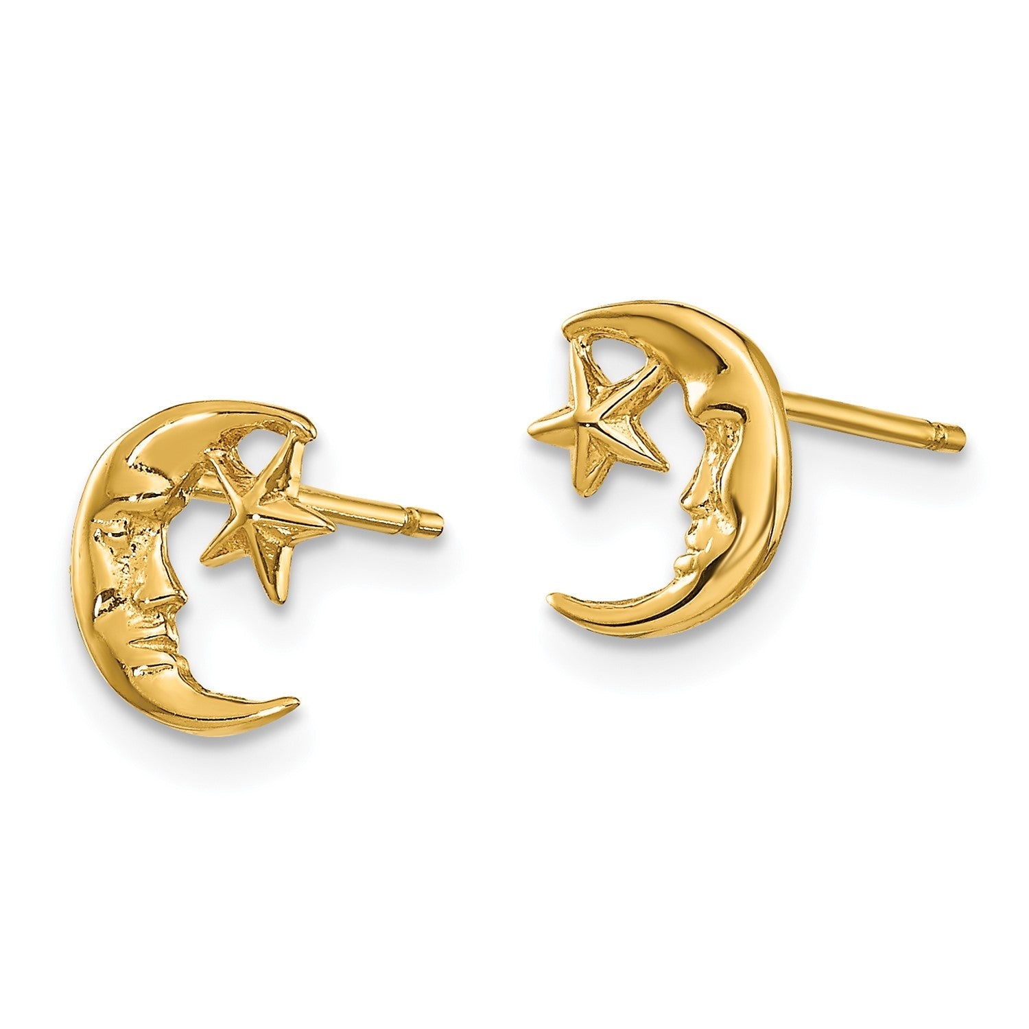 14k Yellow Real Gold Moon and Star Post Stud Earrings